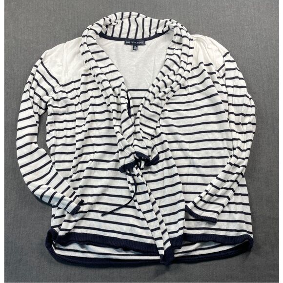 Saks Fifth Avenue Striped Tie Front Cardigan Womens L White Navy Nautical Casual - Picture 1 of 9